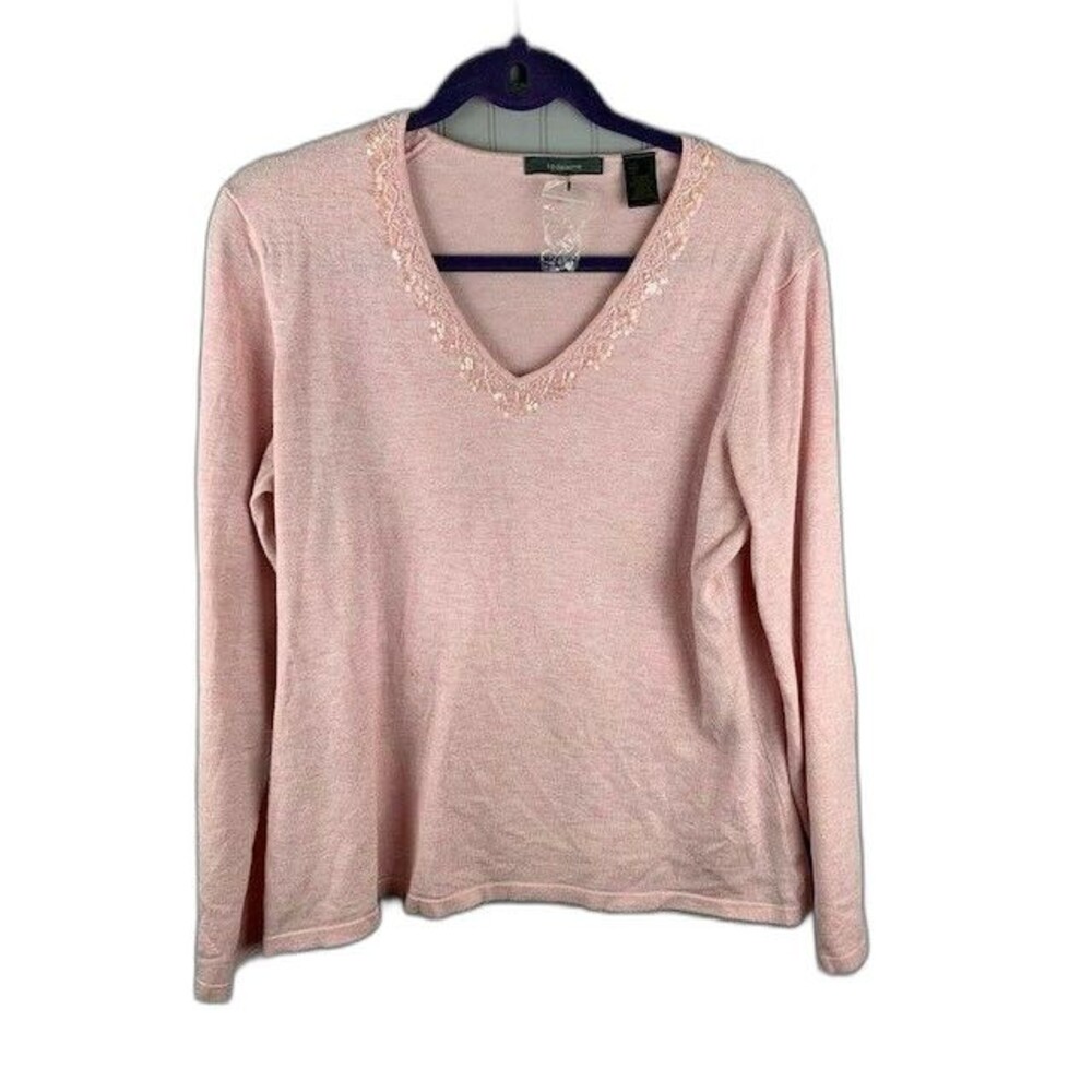 Liz Claiborne Size Large Women Pink Sweater Embellished Neck Sequins Long Sleeve